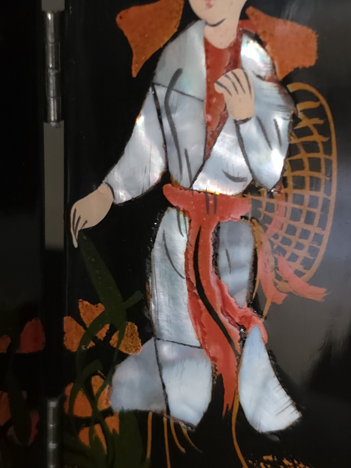 Asian Tabletop Folding Screen Hand Painted Lacquered 6 Panel 2 Sided 8×14.5 In