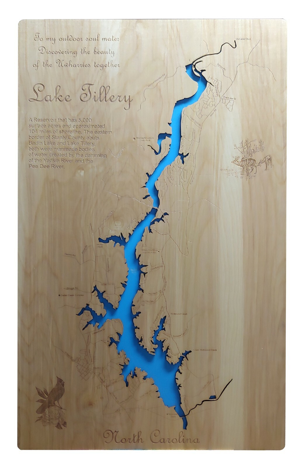 Lake Tillery, NC – Wood Cut Laser Map | Wall Art | Made to Order