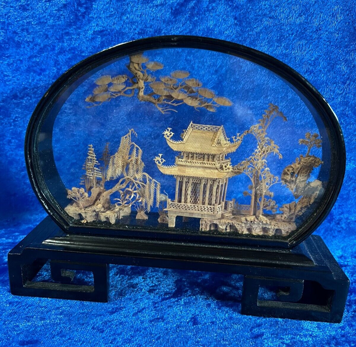 Vintage Diorama Cork Carving Glass Case Pagoda Trees Cranes 6.5 x 8″