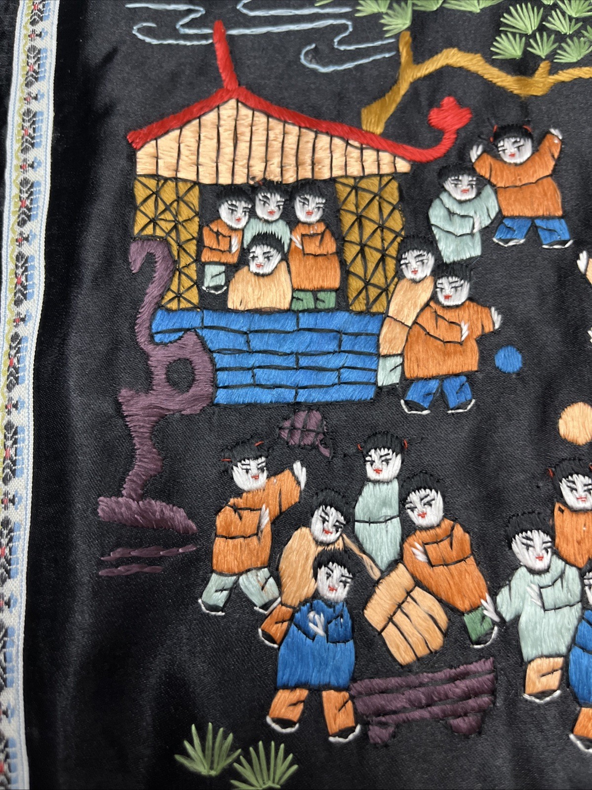 Vintage Chinese Hand Embroidered Black Silk Panel 100 Happy Children Playing EUC