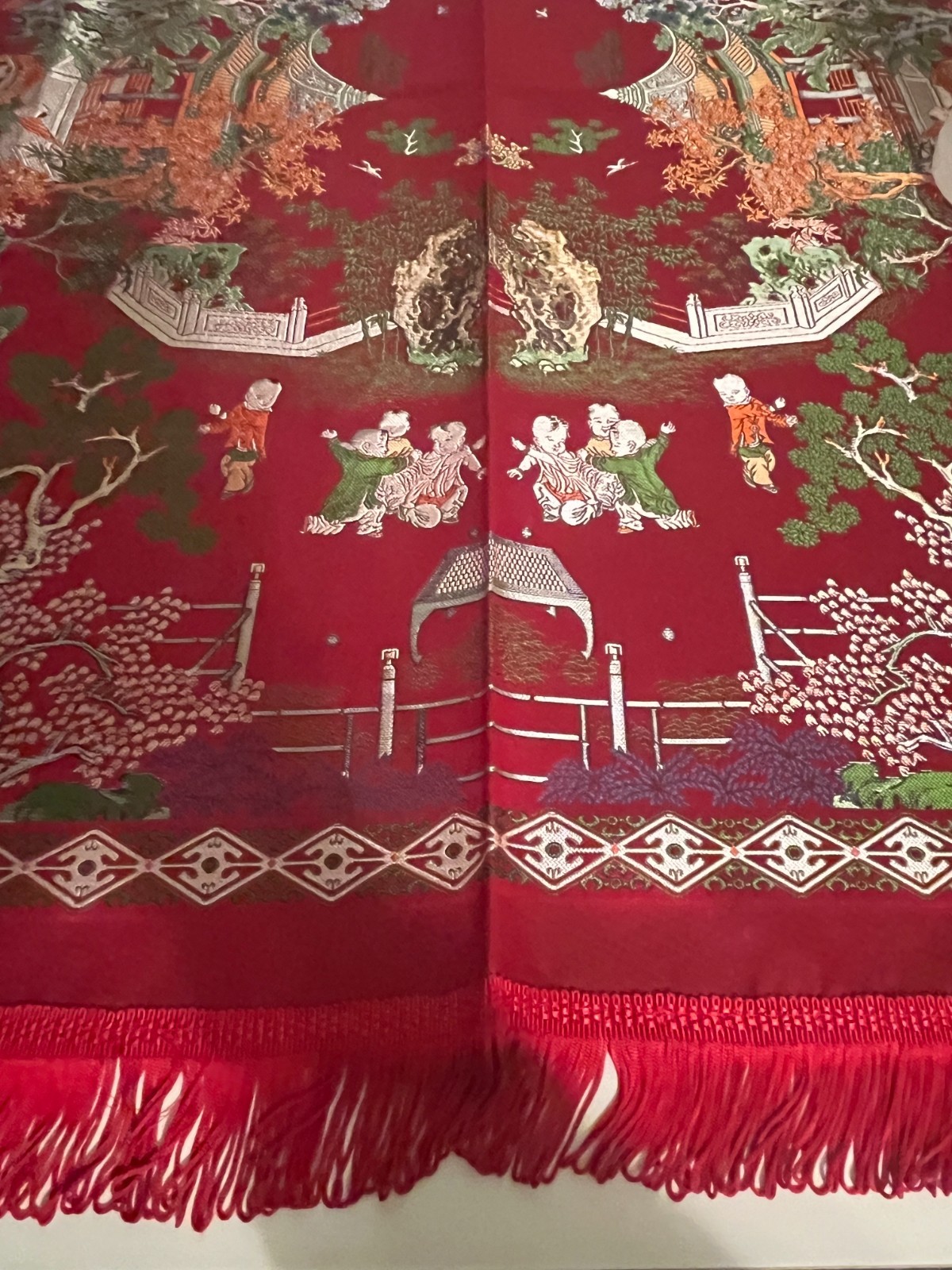 Vintage Chinese “Brocaded Flowers” Silk Blend Tapestry Tablecloth Piano Shawl