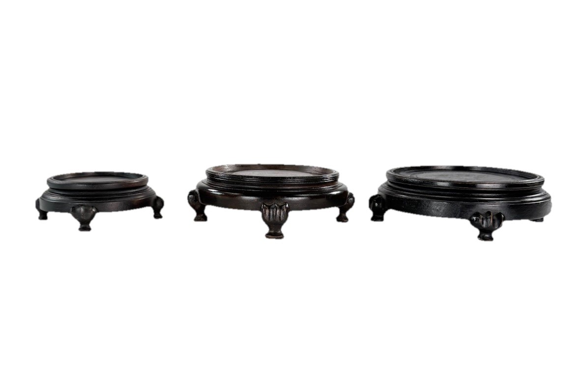 Lot of 3 Vintage Asian Round Carved Wood Pedestal Stand Vase Display Bases