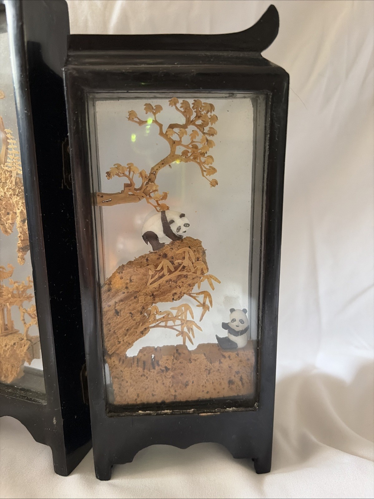 Chinese Carved Cork Nature Scenes 5 Panel Pandas Ducks Cranes Pagodas