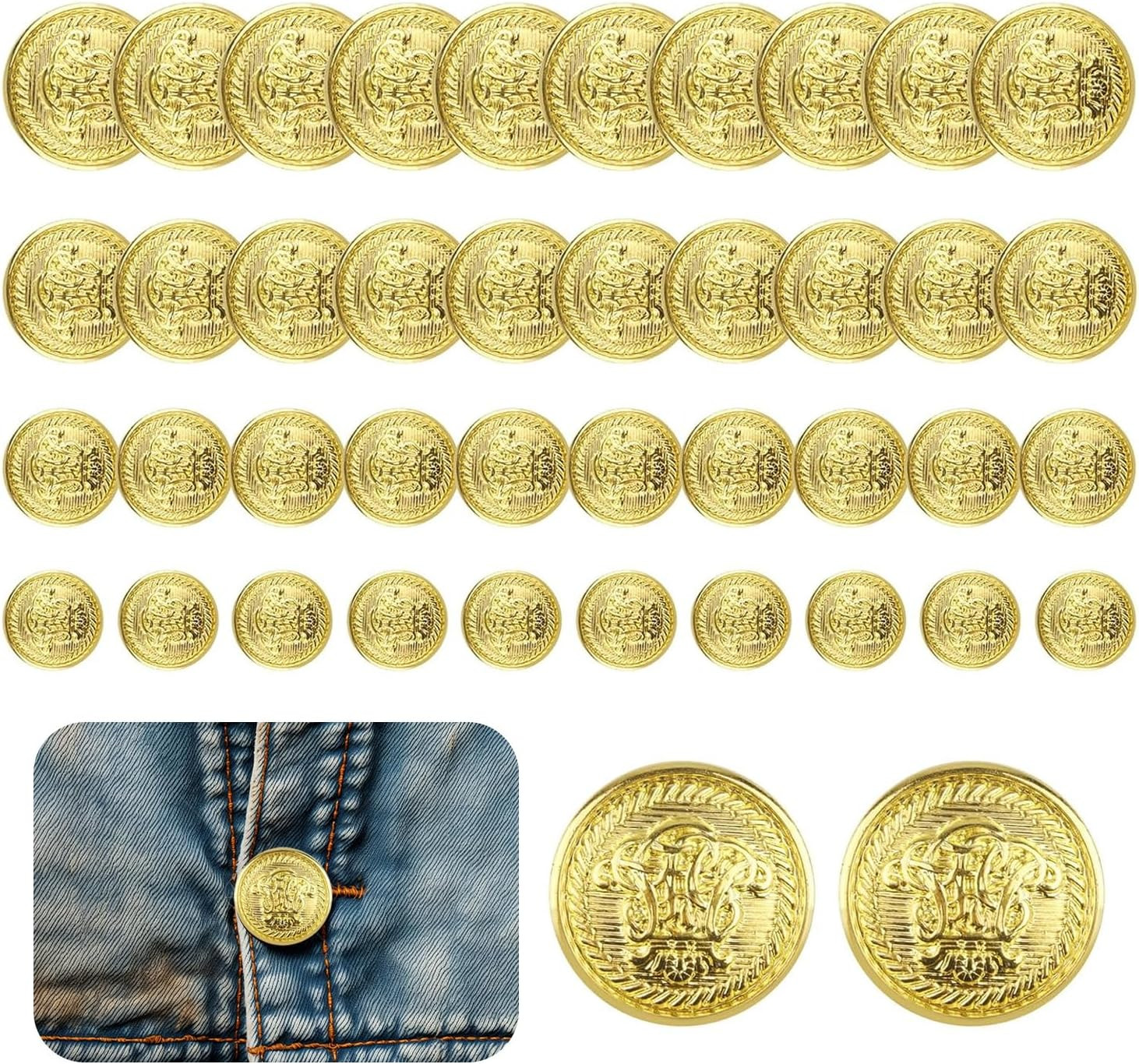 40 Piece Set of Metal Sports Jacket Buttons, 4 Sizes of Retro Gold Buttons