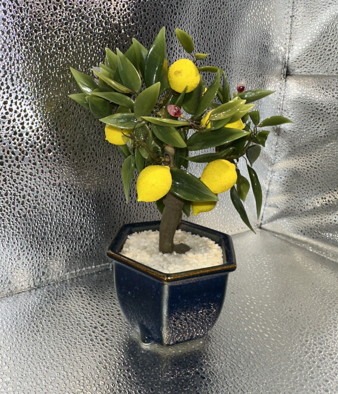 Vintage Asian Jade Glass Lemon Bonsai Small Tree 7.5”