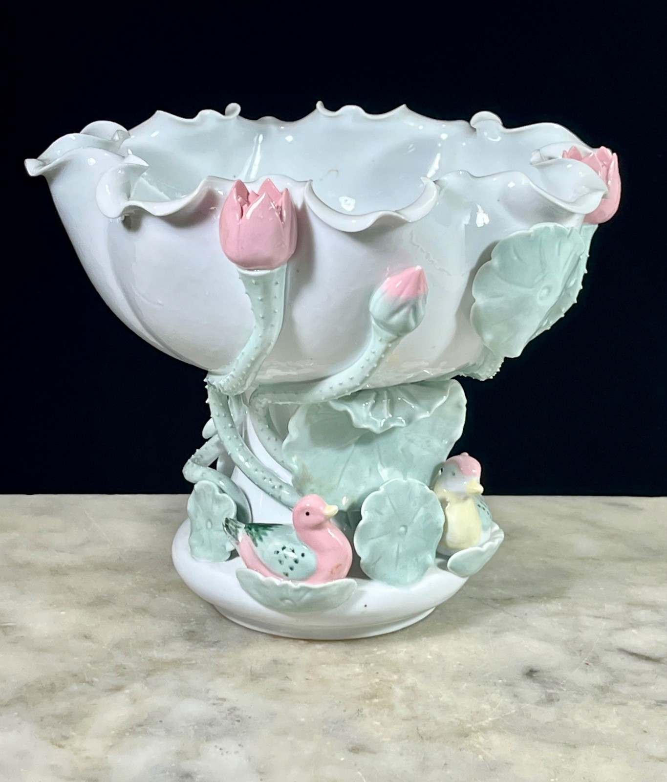 Vintage Chinese Porcelain Blanc de Chine White Lotus Footed Bowl Lily Pads Ducks