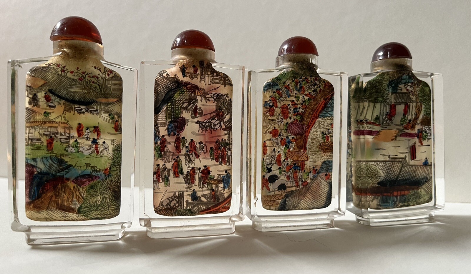 4 Vintage 50s Chinese Intricate Reverse Painted Glass Snuff Bottle River Scenes