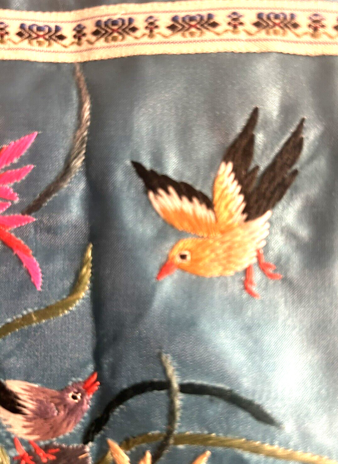 Chinese Silk Hand Embroidered Birds & Flowers Panel 11″ x 11″