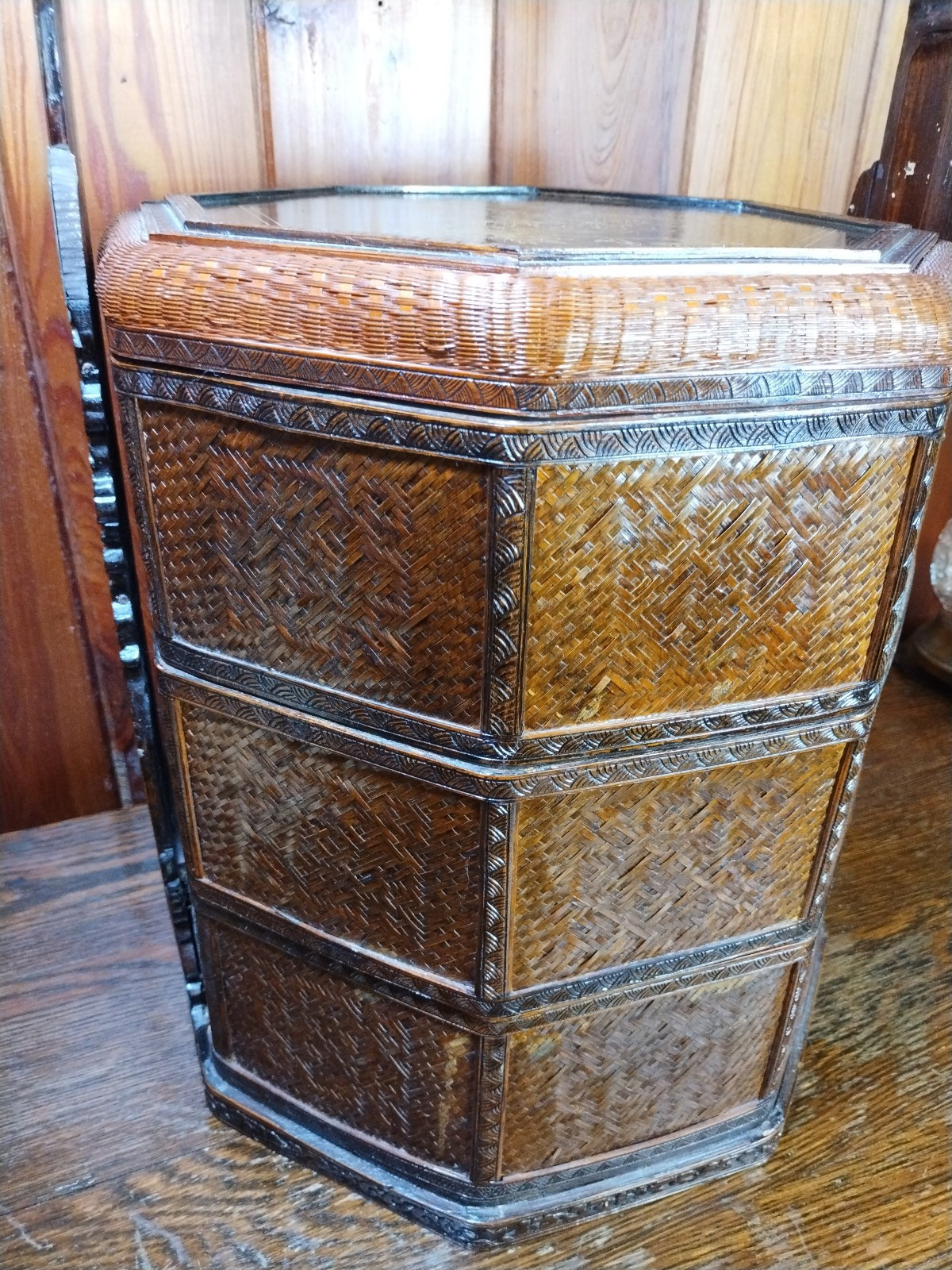 Wedding Basket Betrothal Wicker Chinese Lacquer Wood 3 Tier Octagon 20″ Tall