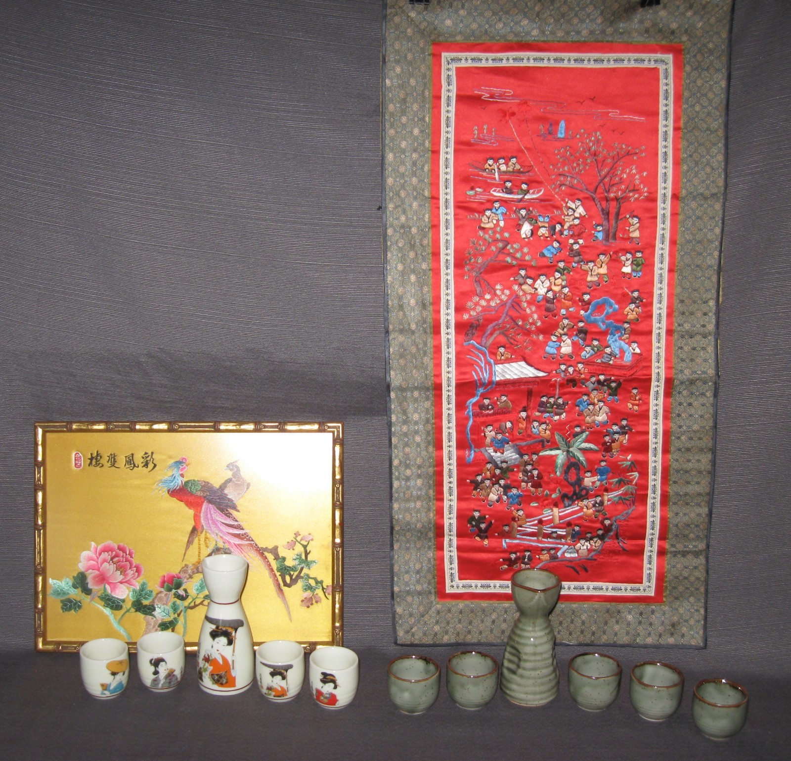 Asian Lot Silk Art Framed Signed Peony Embroidered 2 Sake Sets 100 Children silk