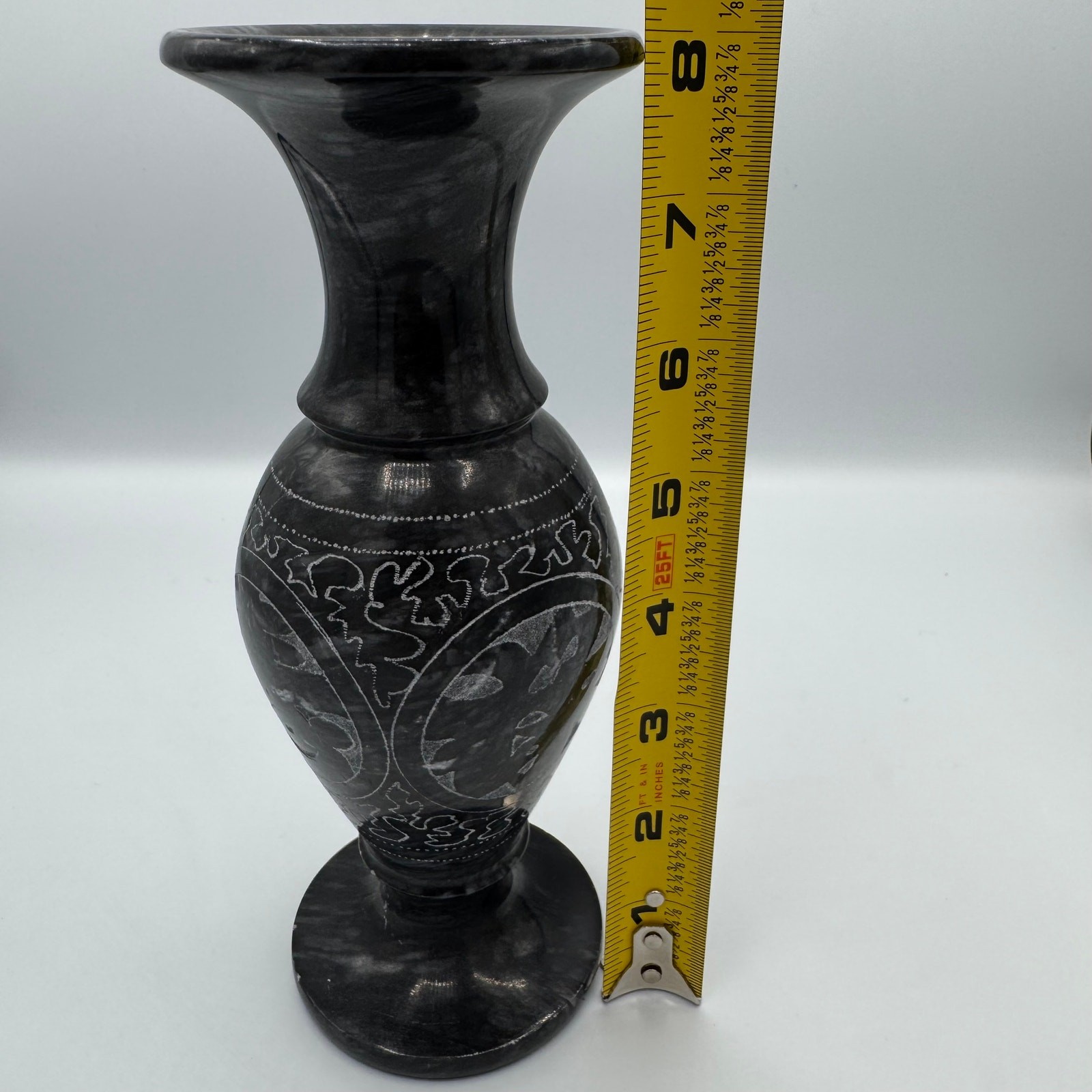 Hand-Carved Asian Black Stone Vase – 8” Tibetan or Chinese Style
