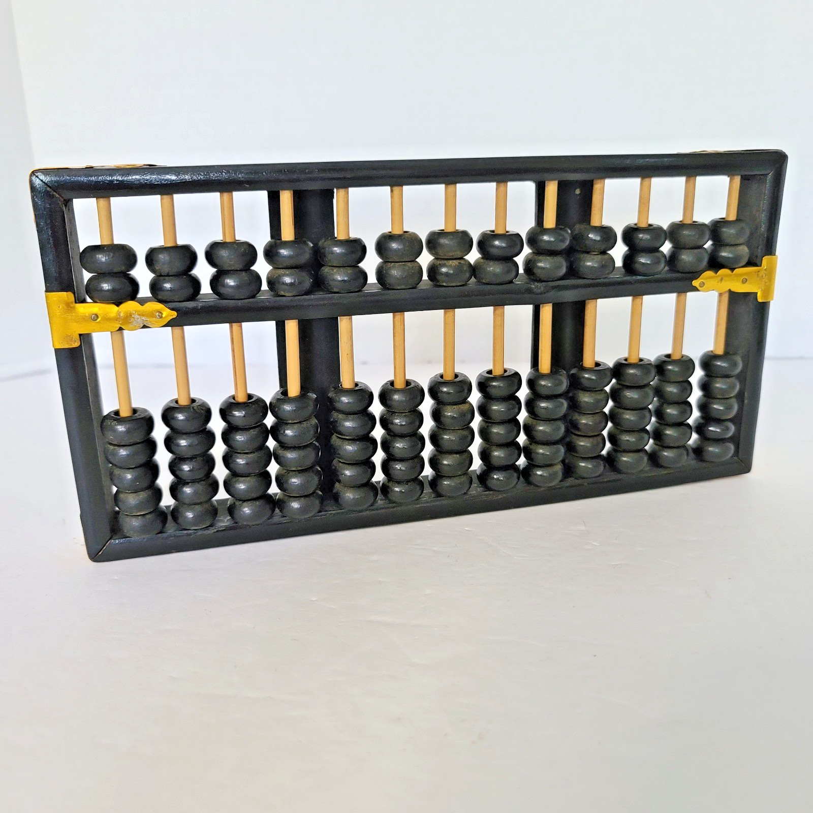 VTG Chinese Lotus Flower Abacus 13 Rod 91 Beads Black Painted Wood Brass Details