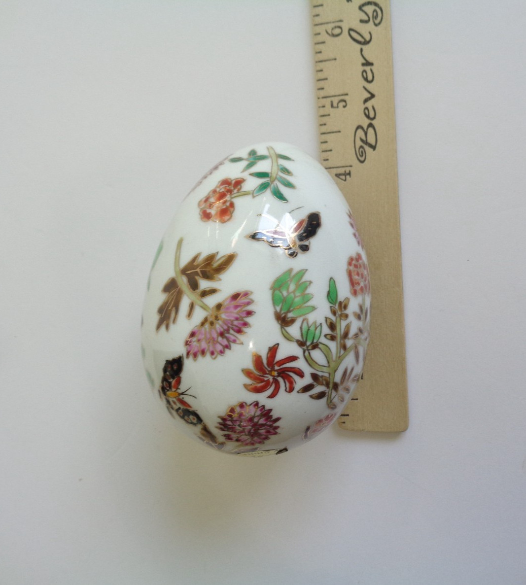 Vintage Porcelain Hand Painted Enameled Egg Asian Design Butterfly Flower