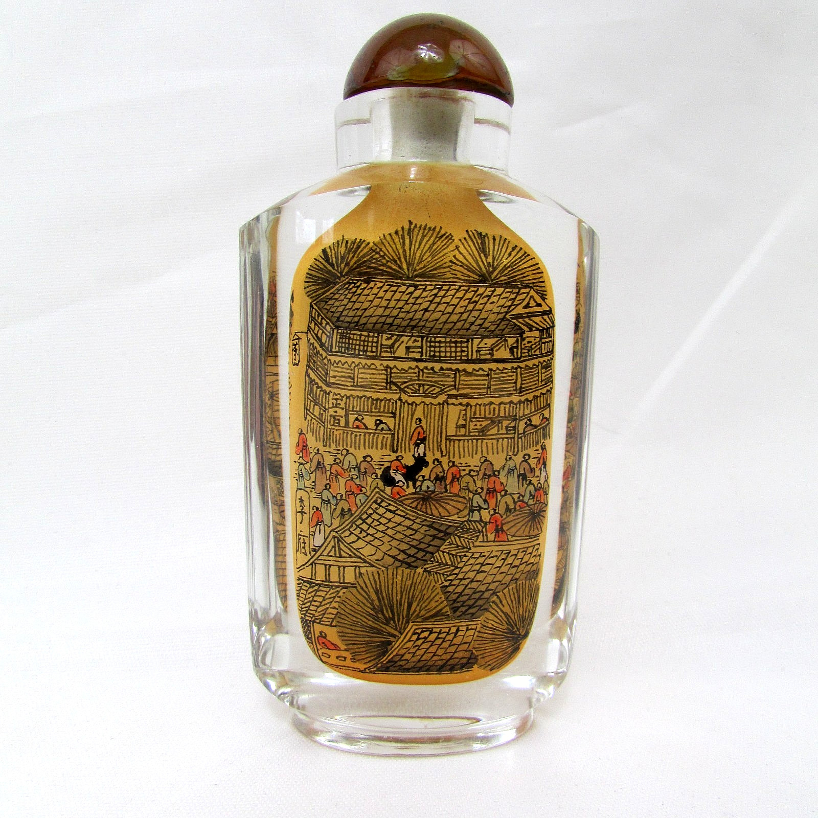 Vtg Reverse Painted Perfume Bottle Chinese Village Scene Cased Glass W/Stopper