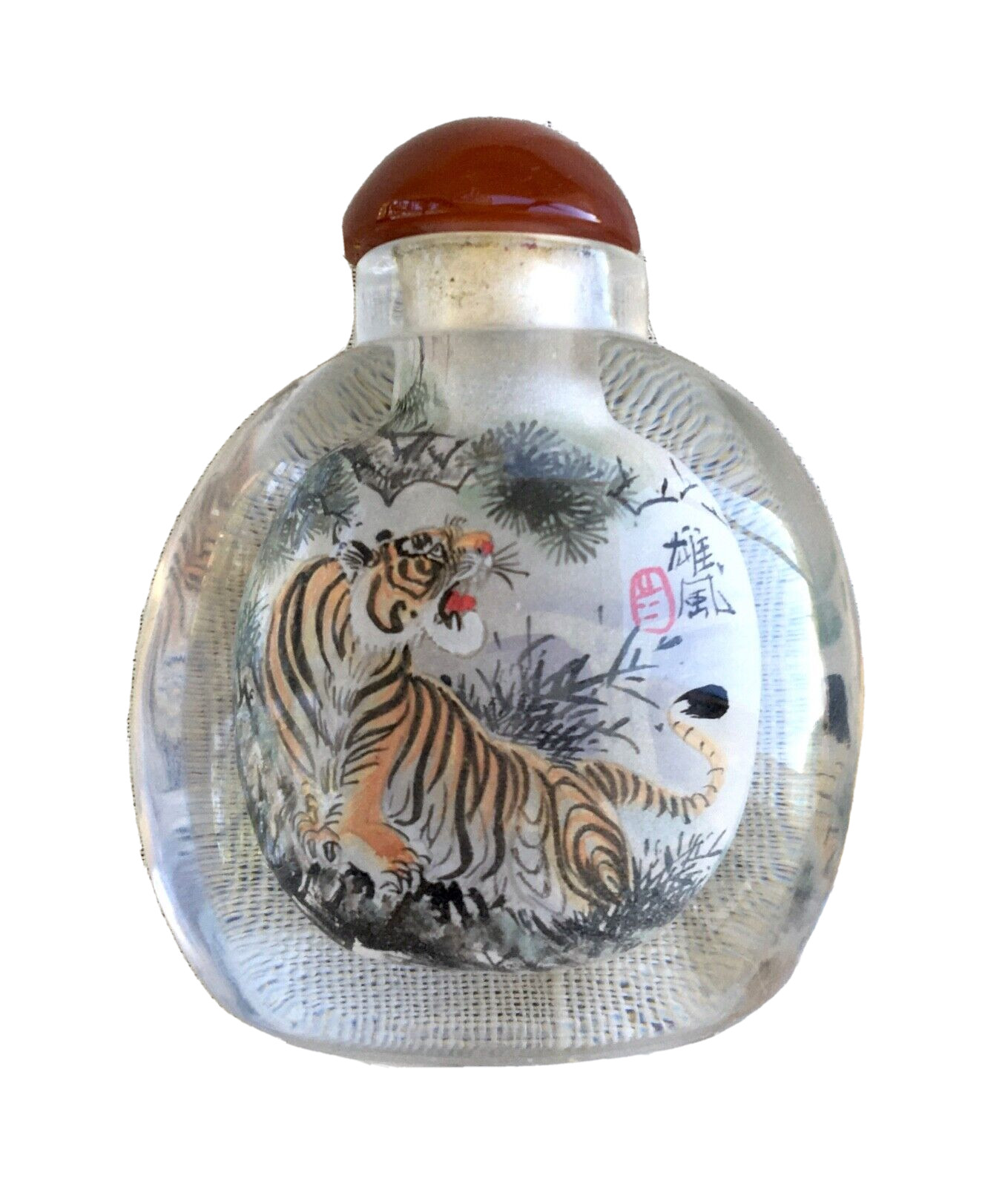 Vintage Original ‘Turning Tiger’ Hand Carved Crystal Snuff Bottle, 2-7/8″Tall