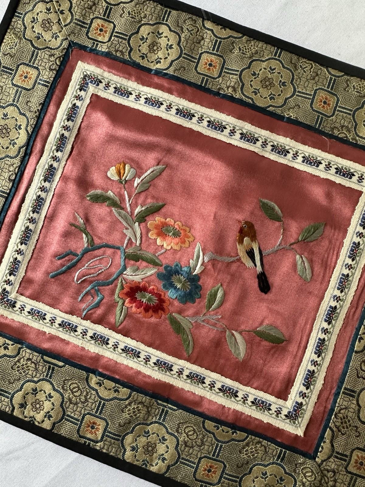 Vintage Chinese Silk Embroidered Square Textile Panel Patch 11×10 Floral Bird