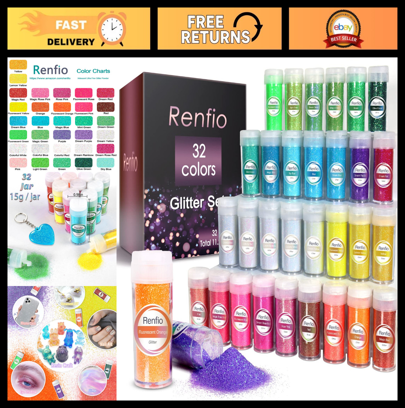 32 Colors Ultra Fine Iridescent Glitter Powder Set – 480g Craft Supplies for Res