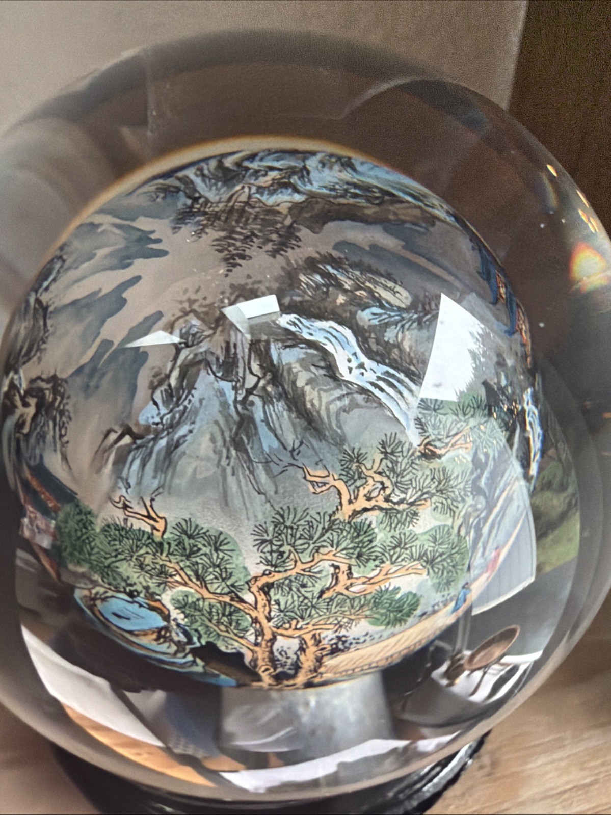 Vintage Chinese Hand Painted Reverse Art 4.5″ Glass Globe On Wooden Stand