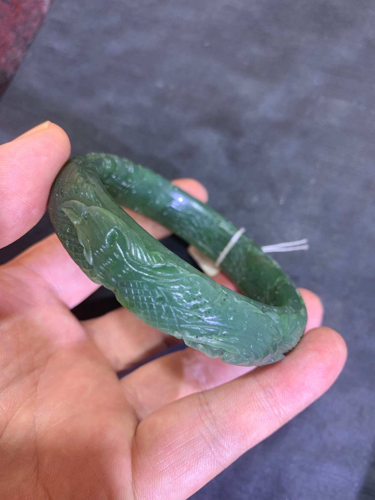 Rare Chinese HeTian Green Jade Hand Carved *Phoenix/Flower* Bangle Bracelet