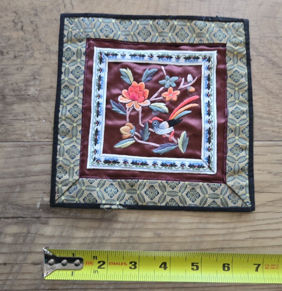 Vintage Chinese Hand Embroidered Silk Panel Butterfly & Flowers 11″x10 1/4″