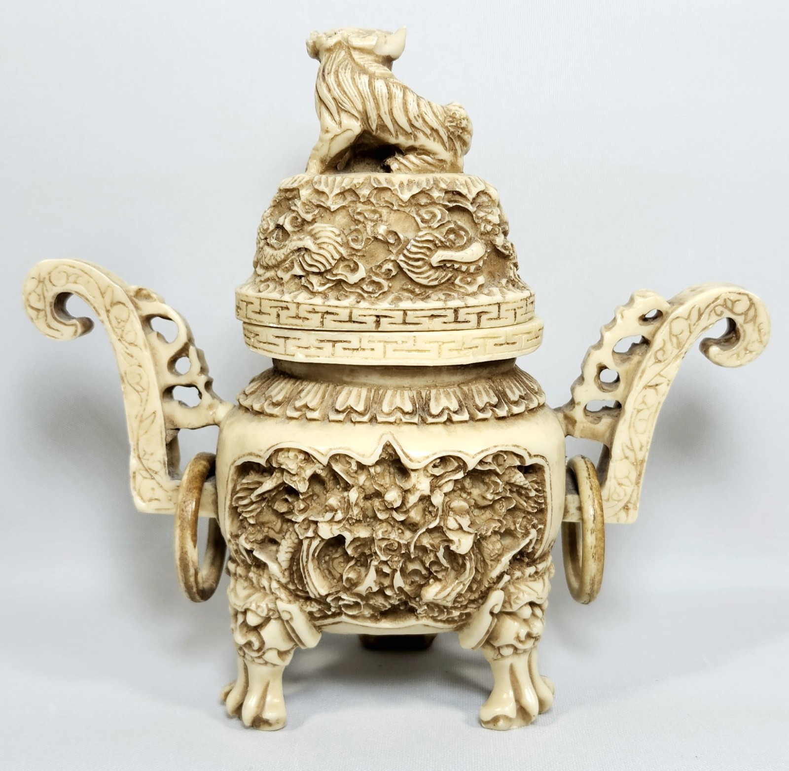 Vintage Chinese Dragon Carved Incense Burner with Lid | Resin? 5.5″