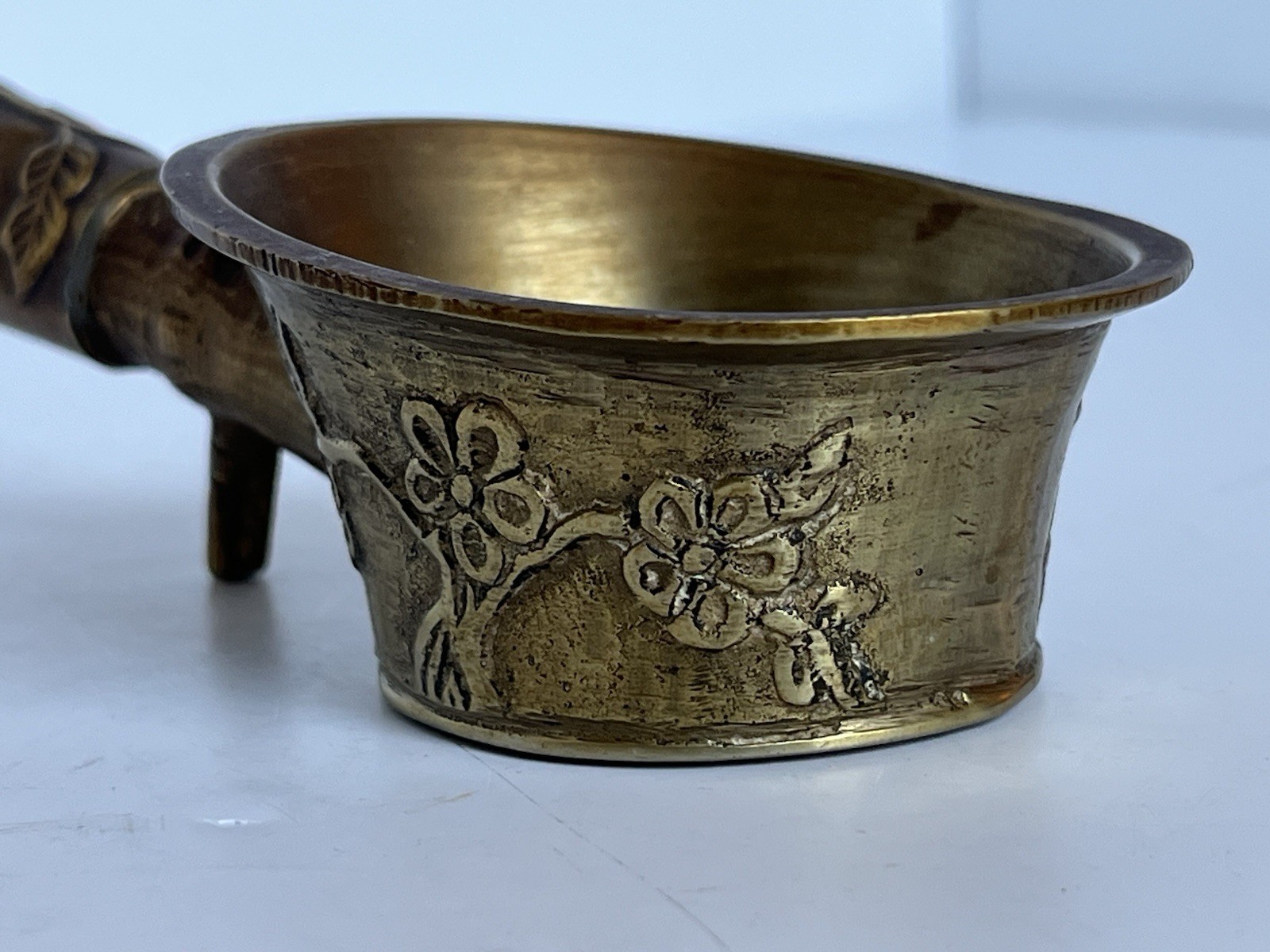Vintage Brass Chinese Silk Coal Iron Floral Design Enamel Insets on Handle