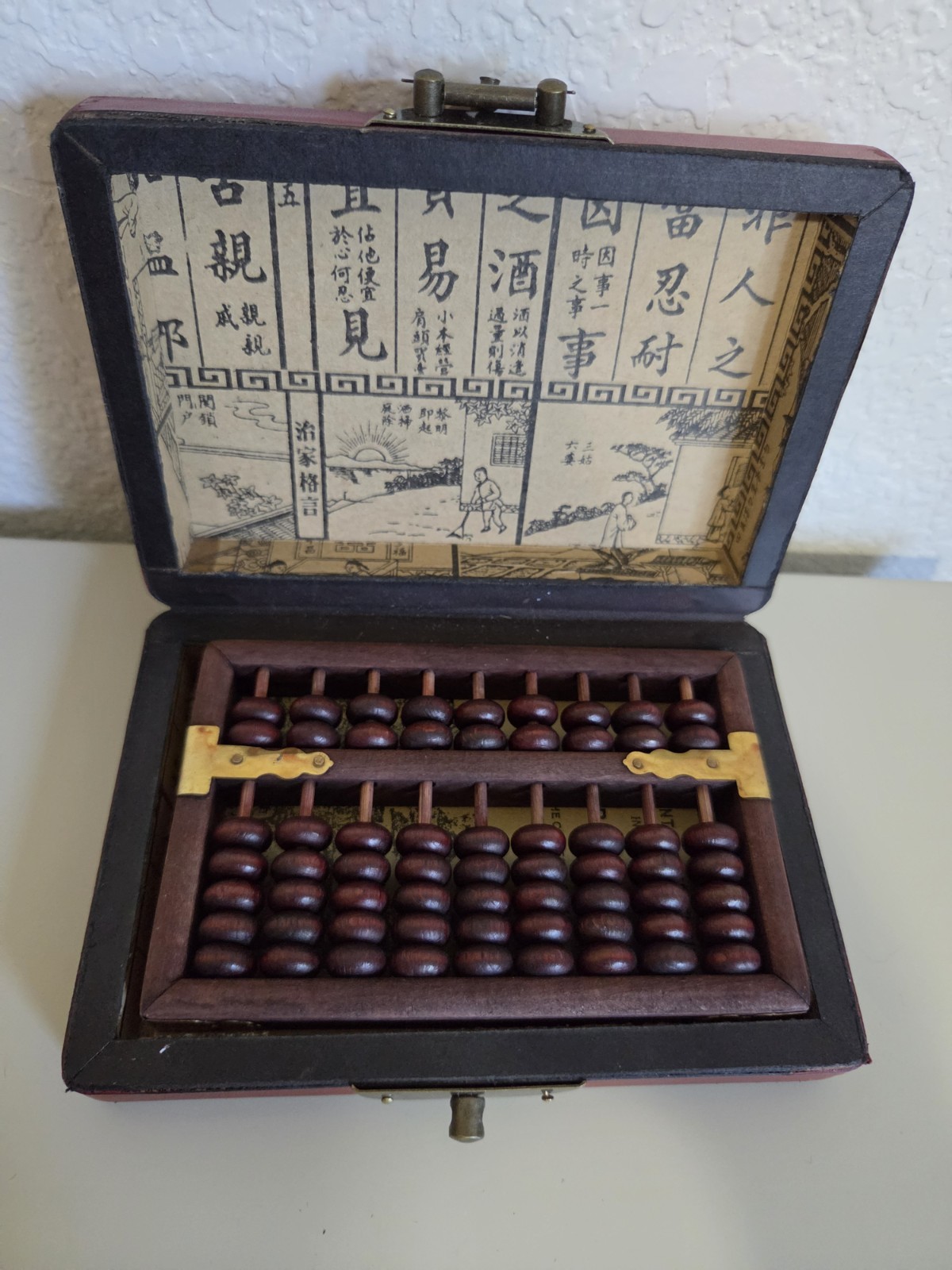 Vintage Chinese Abacus 2:5 Beads w/ Red Phoenix Dragon Brass Wood Box + Booklet