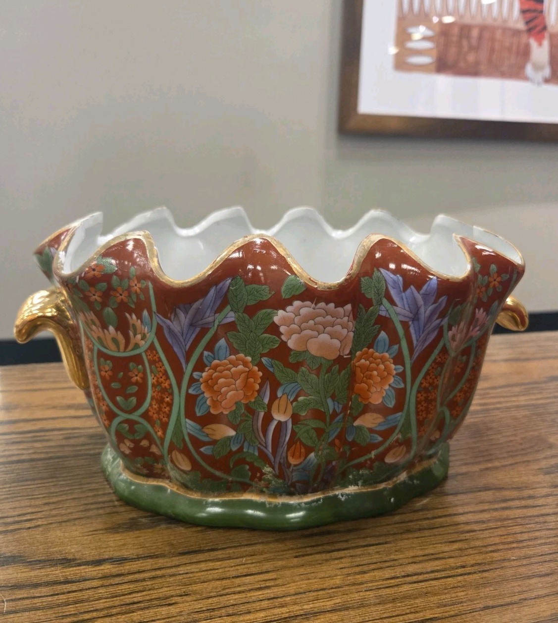 Chinese Foot Bath Satsuma Style Floral Red Vtg Porcelain Jardiniere Gold