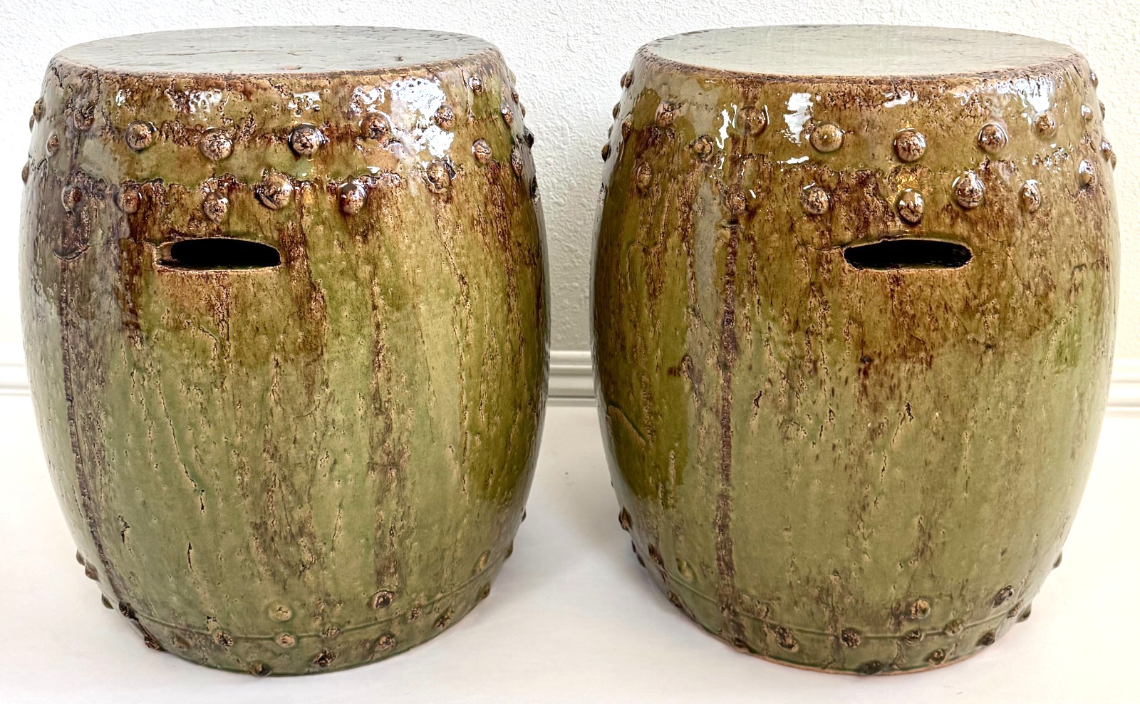 Late 20th-C Chinese Ming Style Glazed Heavy Ceramic Garden Drum Stool, a Pair