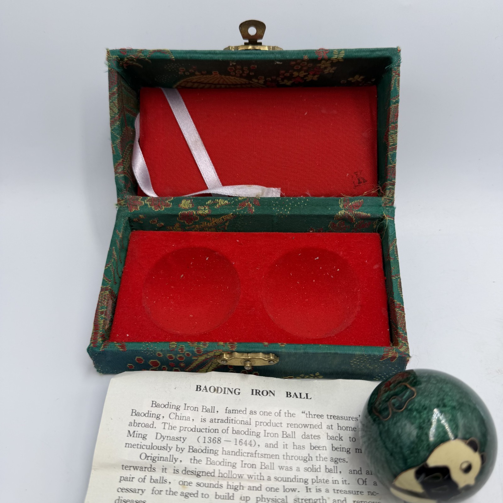 Vintage Chinese Baoding Balls Panda Bamboo Enamel Steel Set Box Asian Decor