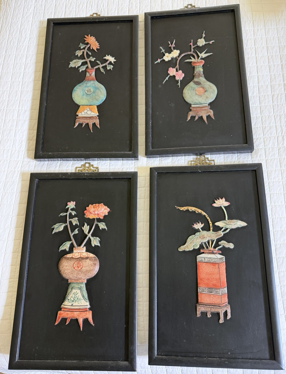 Vintage Set of 4 Chinese Hand Carved Soapstone Four Seasons Wall Plaques