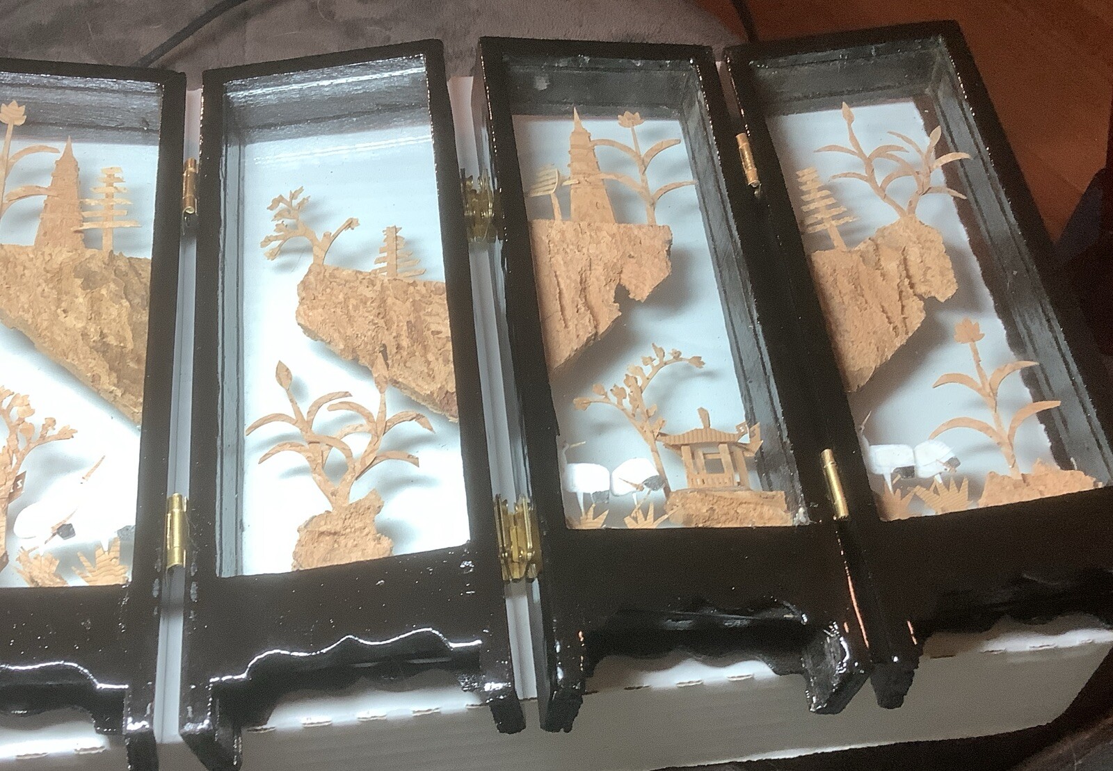 Chinese Asian Carved Cork Art Diorama Folding Glass Table Decor Black Frame VTG