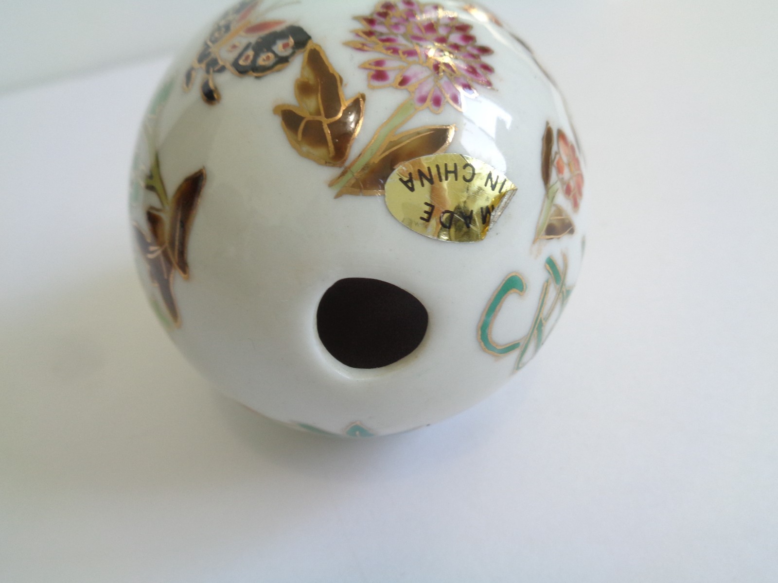 Vintage Porcelain Hand Painted Enameled Egg Asian Design Butterfly Flower