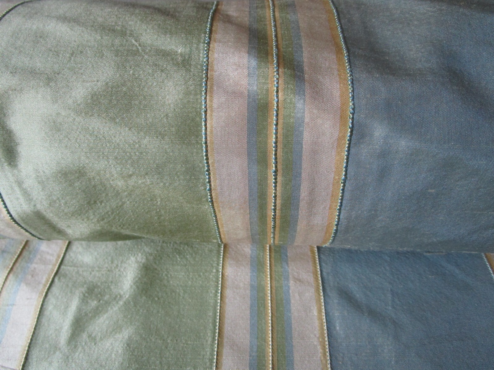 Pale Green Sky Blue Silk Fabric Yellow Beige Stripe raised detail 12.86Yds