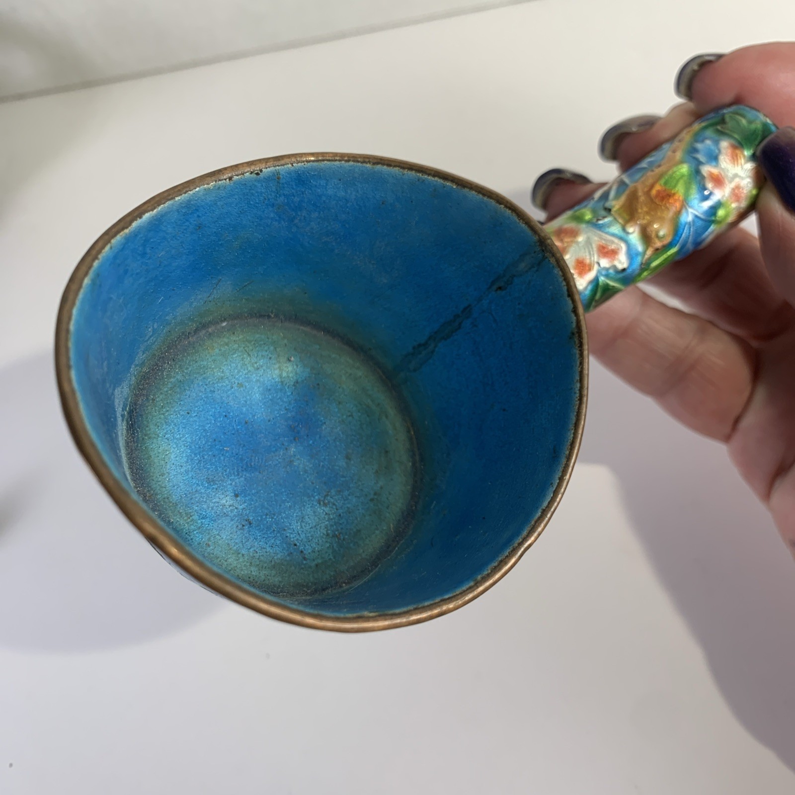 Antique Chinese Cloisonné Silk Iron Turquoise Bird Floral Dipper Scoop Qing Dyn