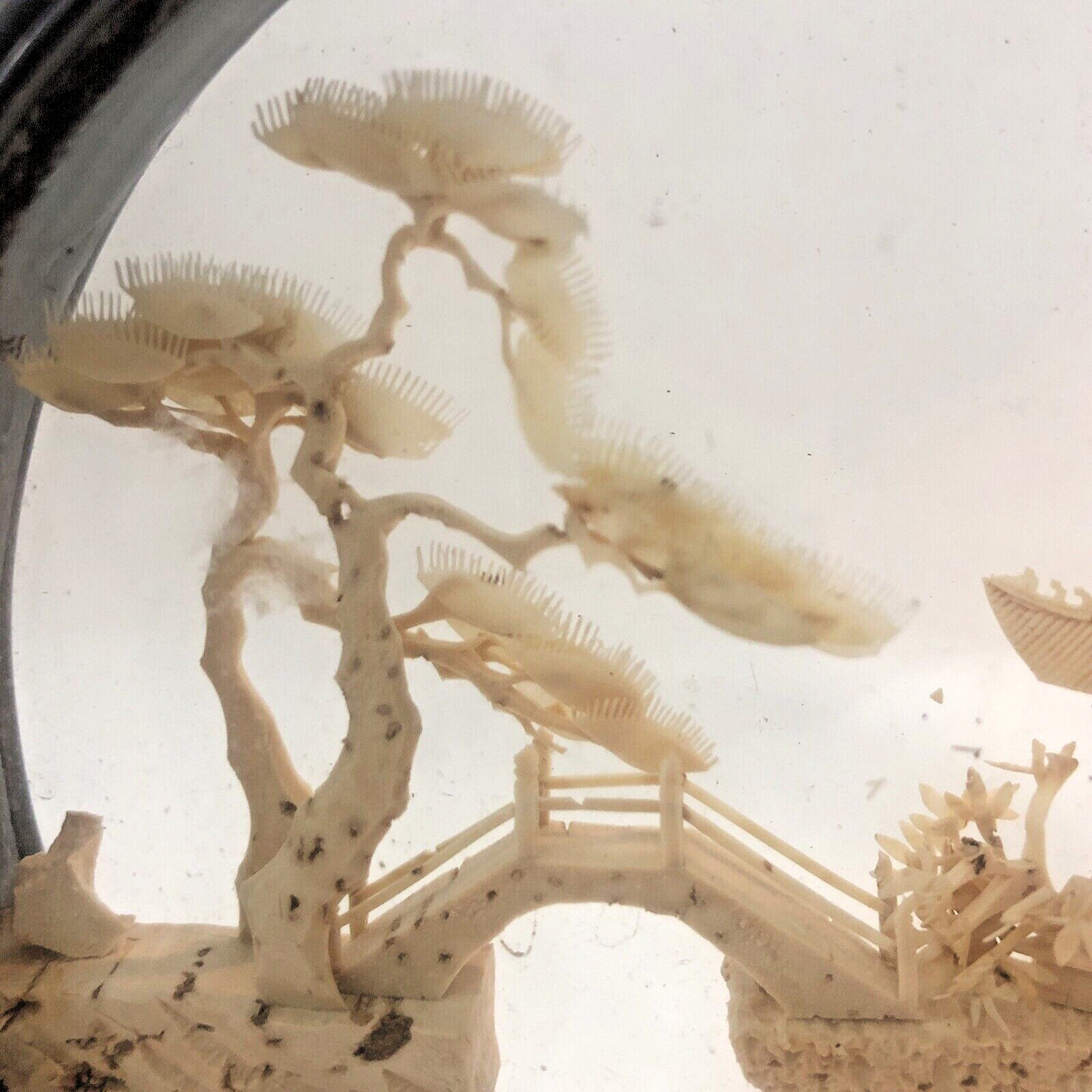 Mid 20th Century Chinese Cork Carving Landscape Art Pagoda Trees Cranes 6 1/2”