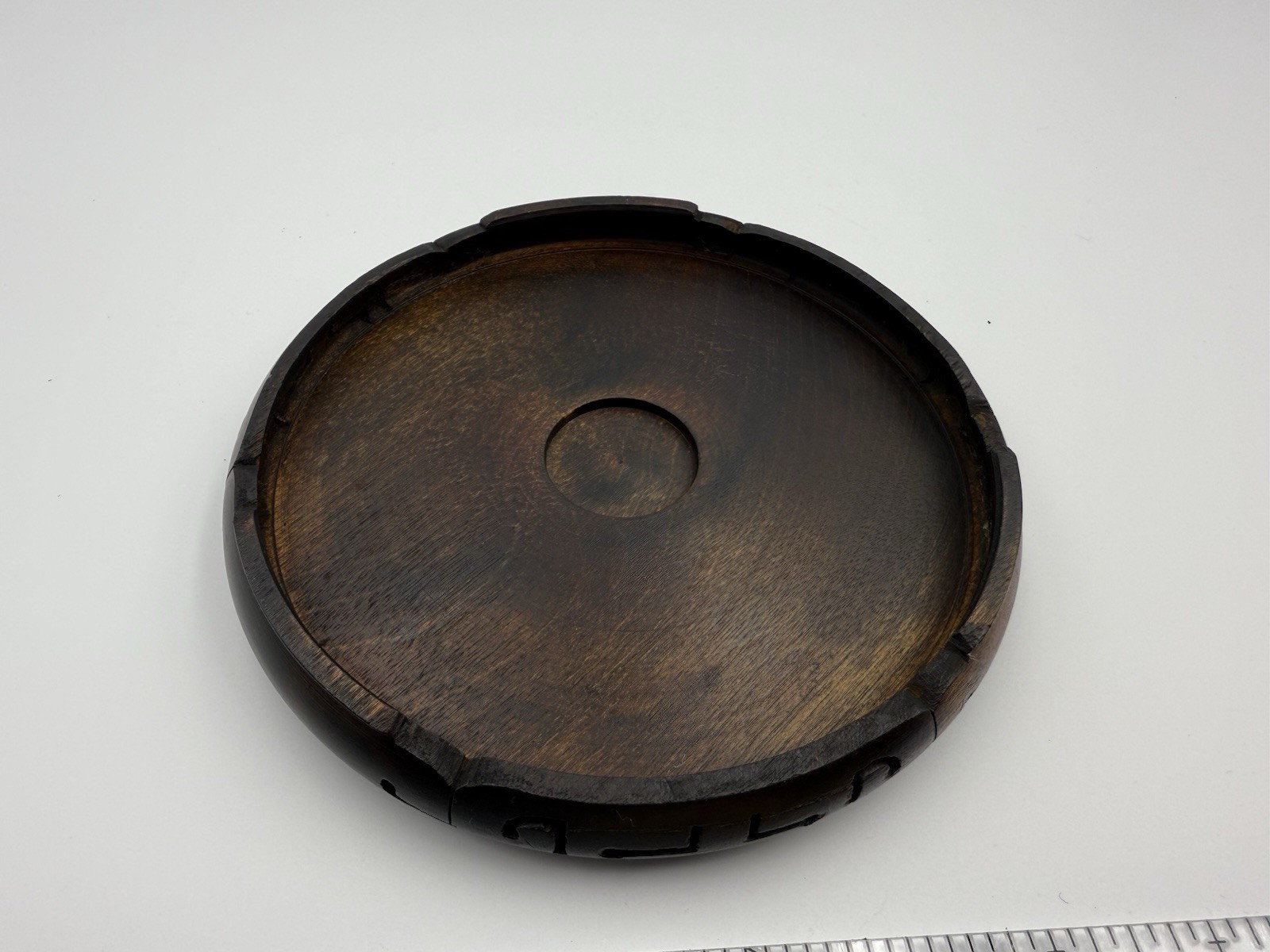 Antique Chinese Hardwood Round Display Stand 6.25” Base w/ Greek Key Carving