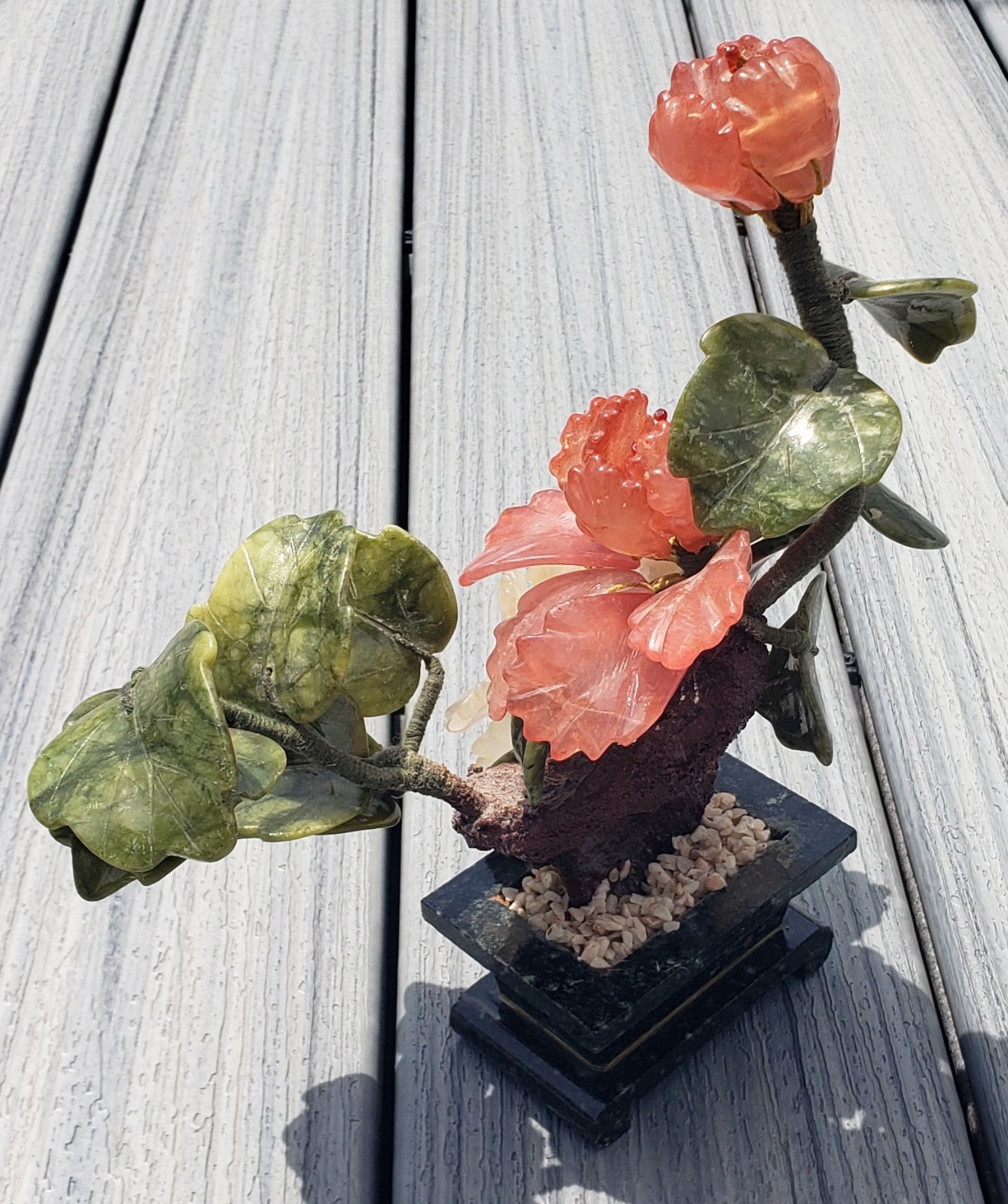 Vintage Stone Chinese Bonsai Tree (Jade Leaves, Pink Quartz Flowers, Jade Base)