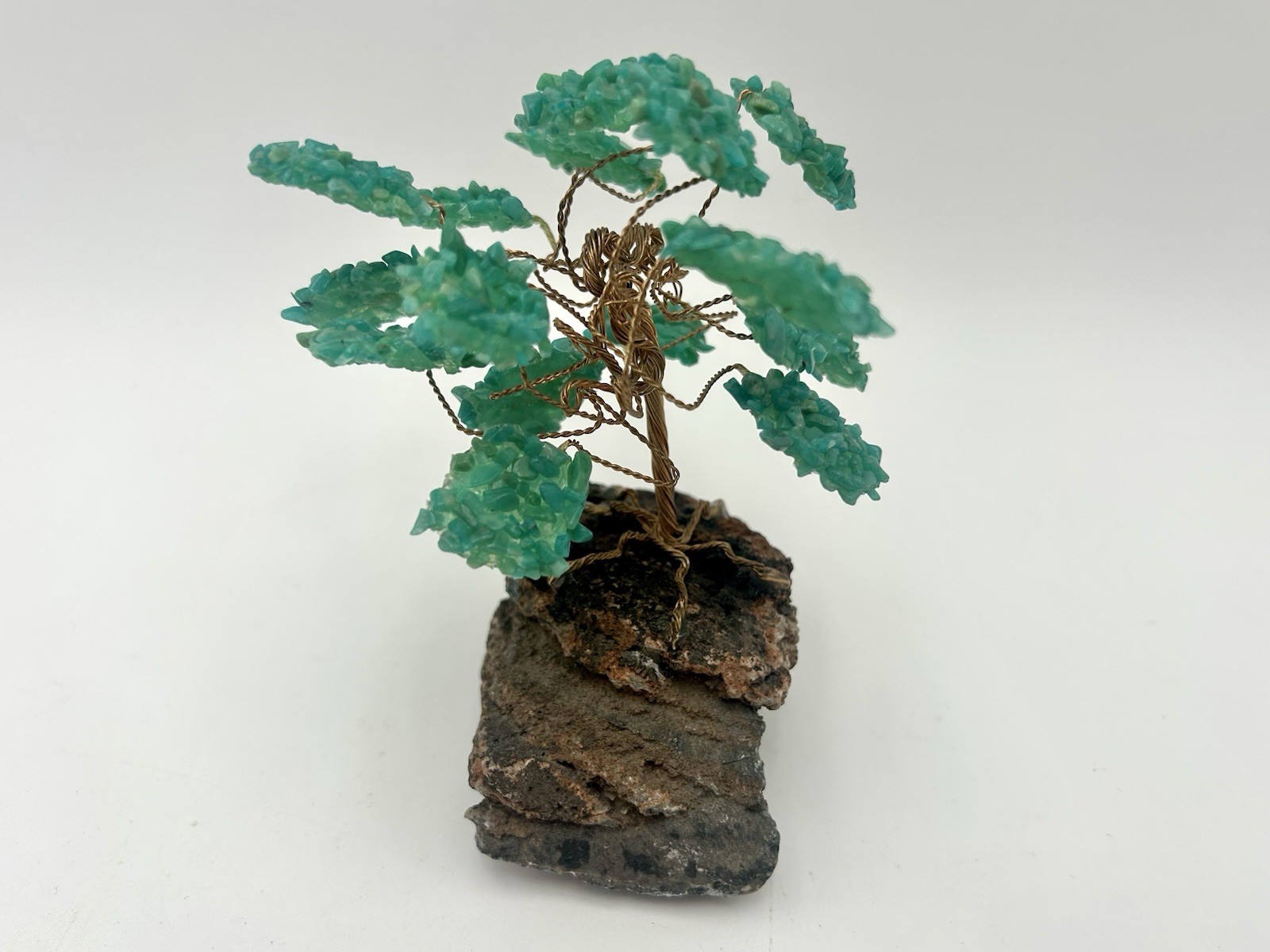 Vintage Crystal Bonsai Tree Sculpture Copper Wire on Natural Stone Base.