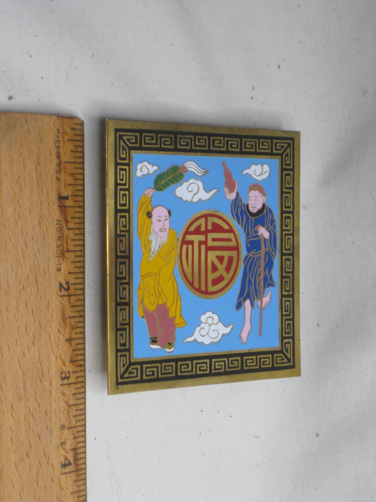 small vintage Asian trivet hot plate wall decor China old man monk cloisonne art