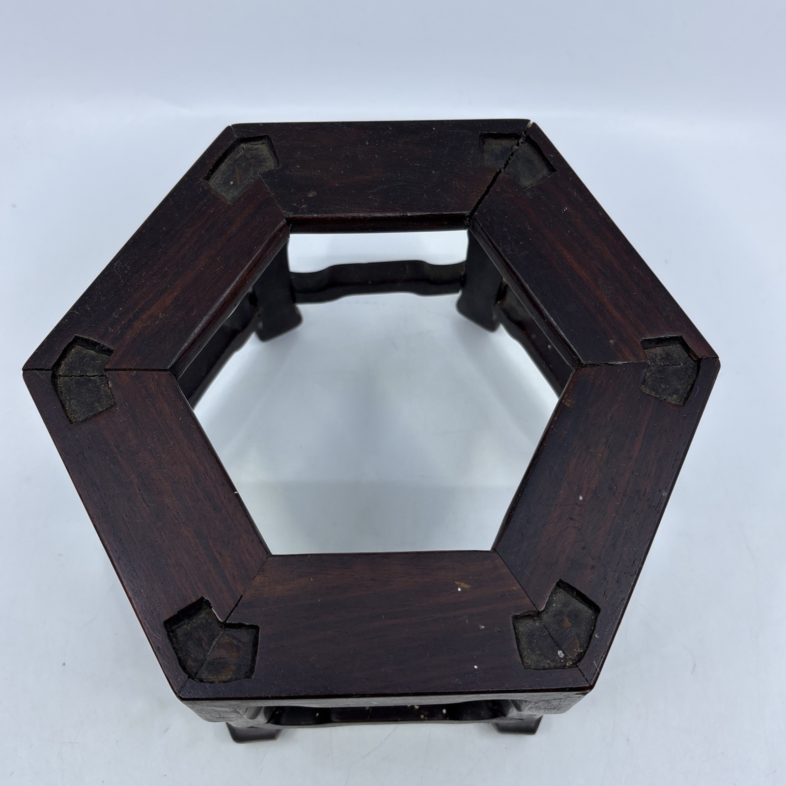 Vintage Chinese Wooden Hexagon Display Stand Vase Plant Asian Lamp Base Footed