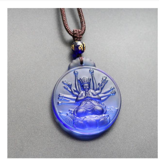 Chinese Blue Coloured Glaze Carving Buddhism Maha Cundi Bodhisattva Pendant