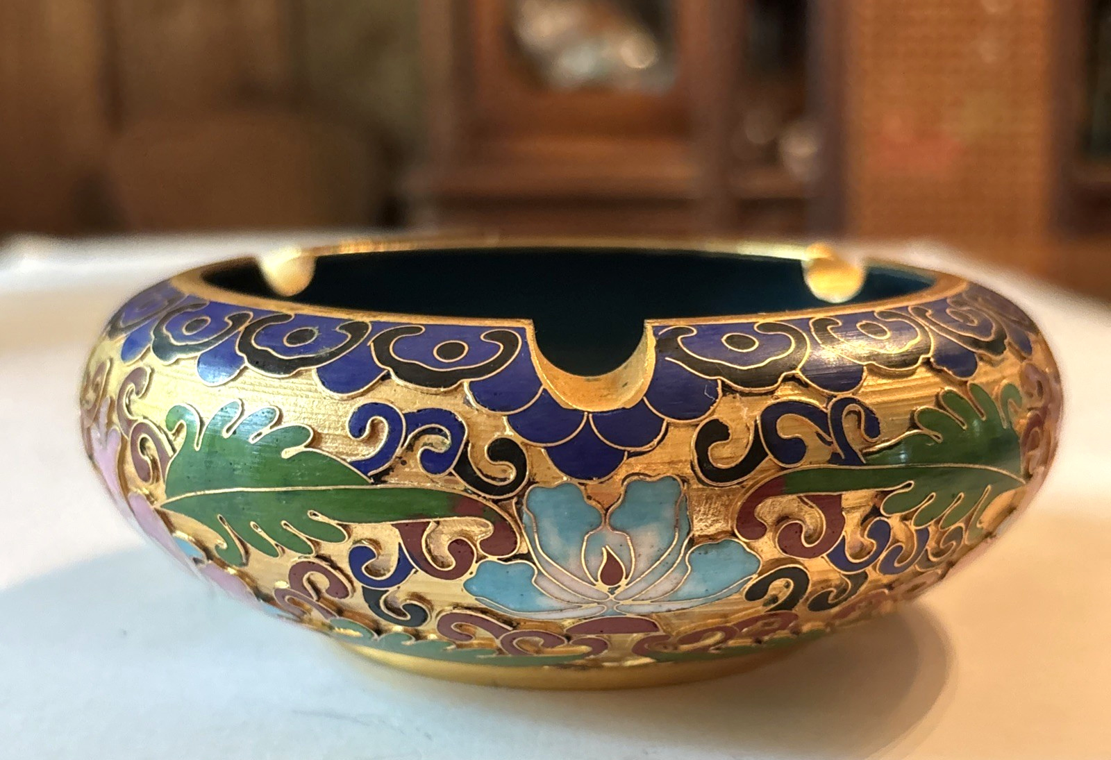 Vintage Chinese Cloisonne Enamel Ashtray Lotus Flowers Teal Gold MCM 4.5” Ornate