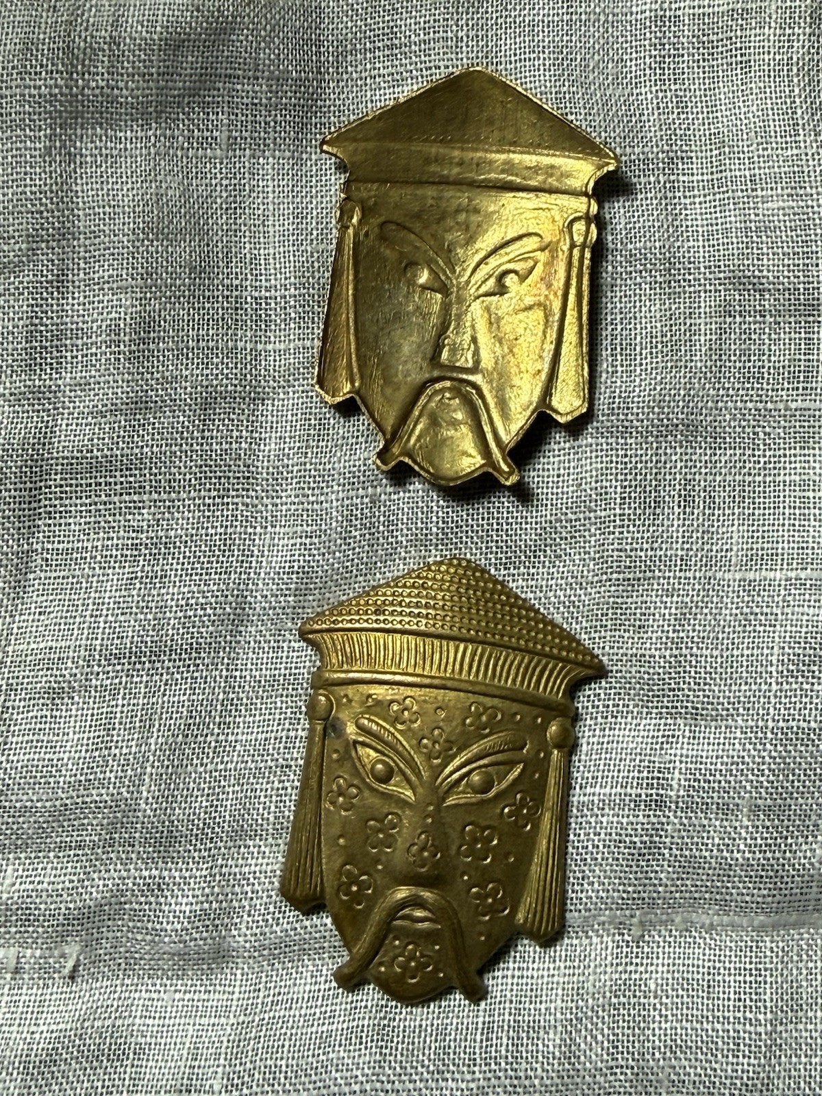 6 Chinese Mask Brass Stampings 1950s to 60s