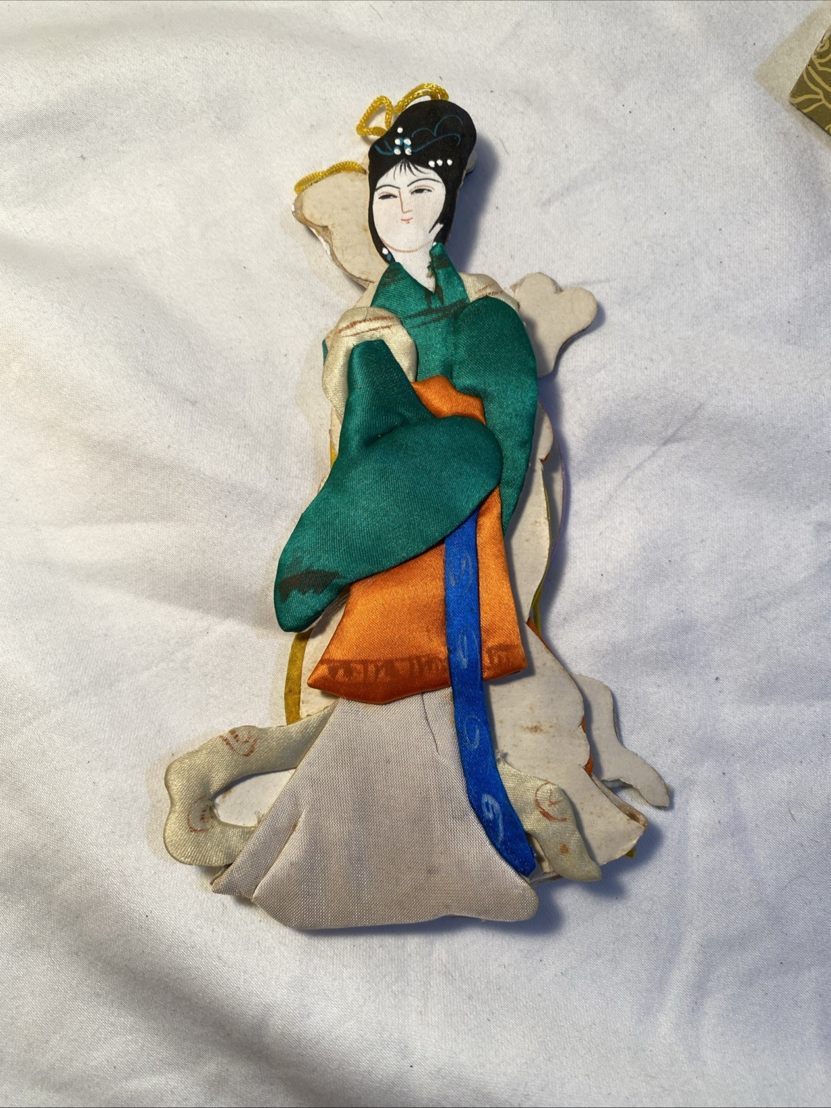 Vintage Set Of 4 Asian Oriental Geisha Girls Silk Satin Ornaments