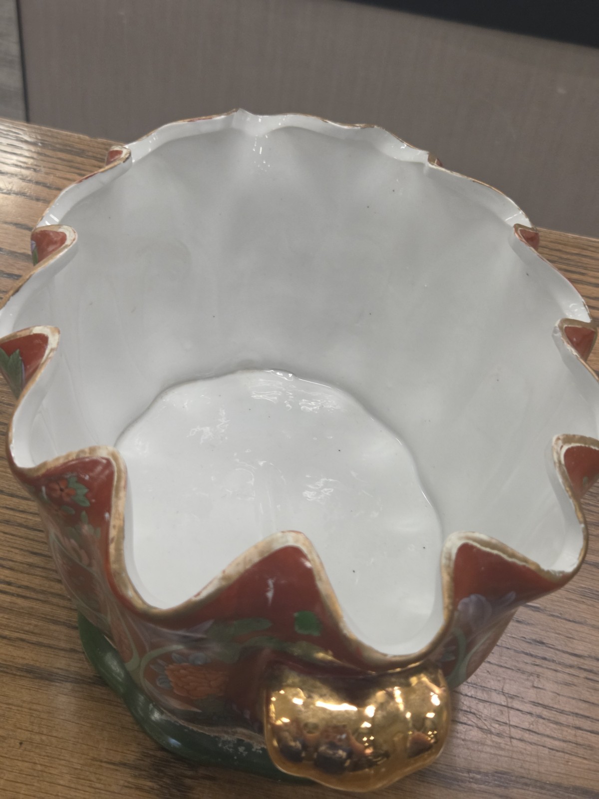 Chinese Foot Bath Satsuma Style Floral Red Vtg Porcelain Jardiniere Gold