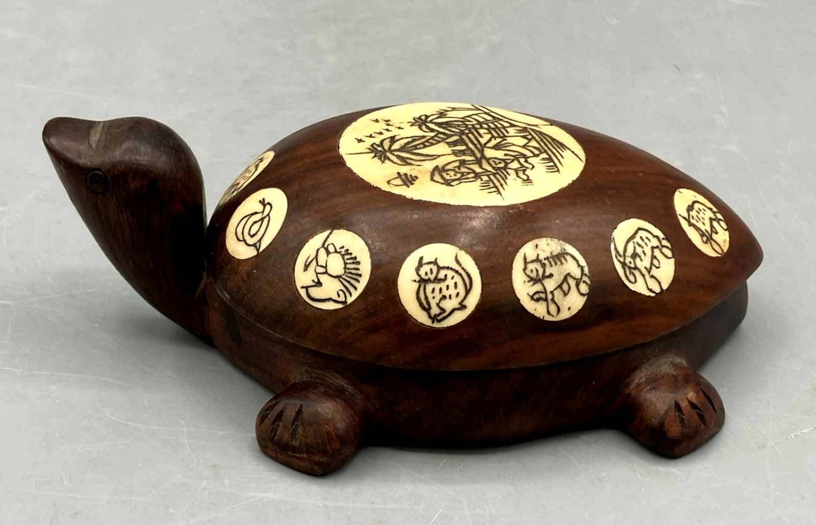 Vintage Chinese Carved Wooden Turtle Compass Case Zodiac Signs Inlay