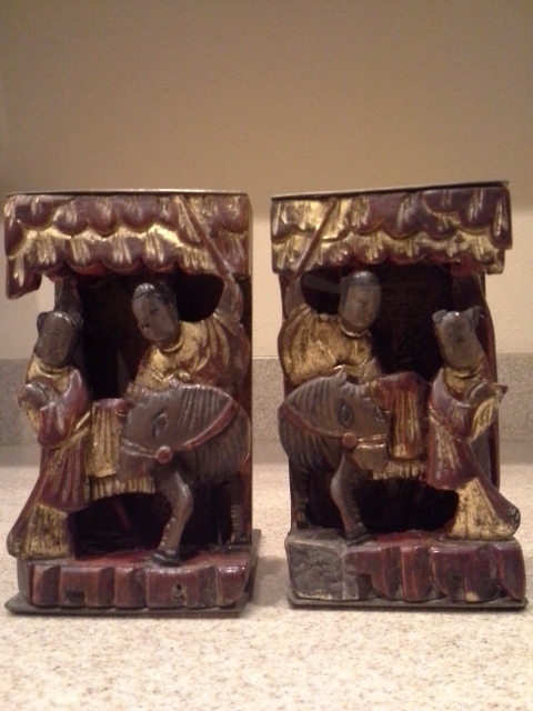 Vintage Asian Oriental Bookends Carved Wood and Etched Brass