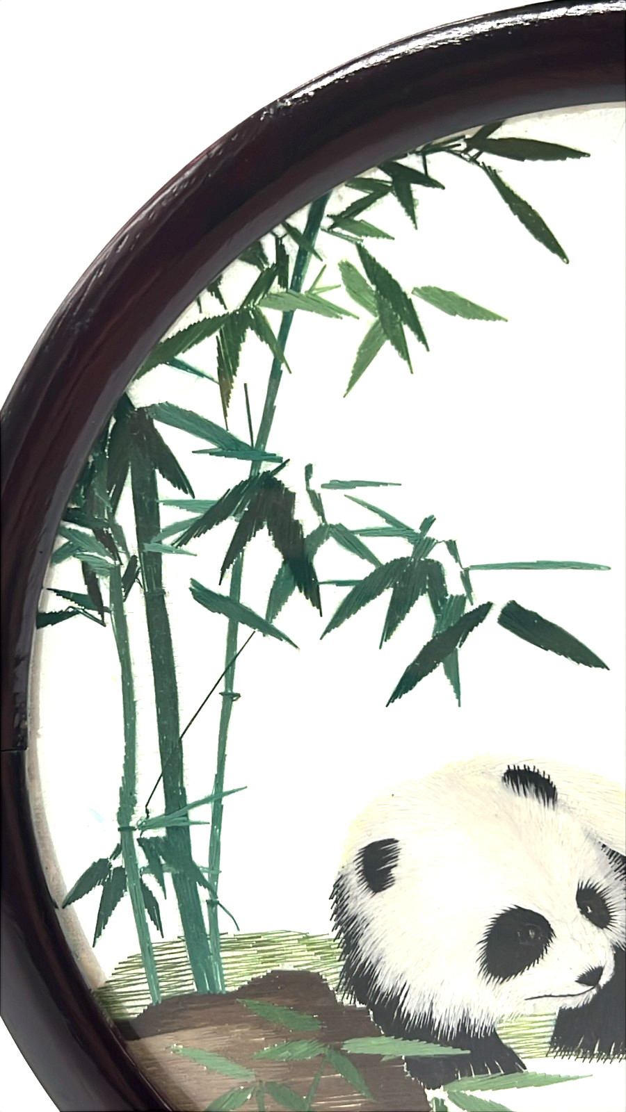 🐼 Vintage Chinese Silk Embroidery Panda Bamboo Round Panel w/ Carved Wood Stand
