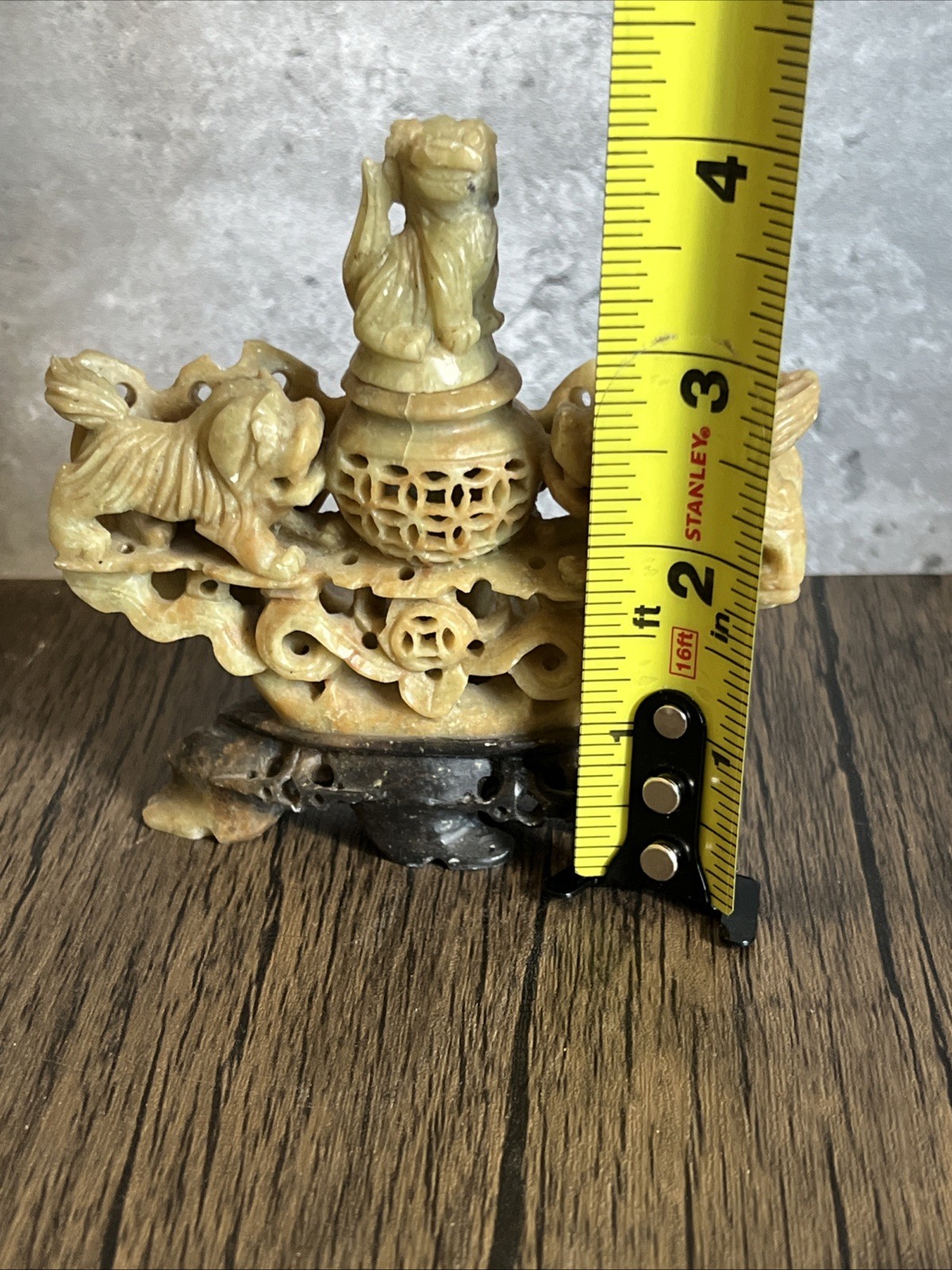 VINTAGE HAND CARVED SOAP STONE INCENSE BURNER FOO DOGS/LIONS CHINA 4×4